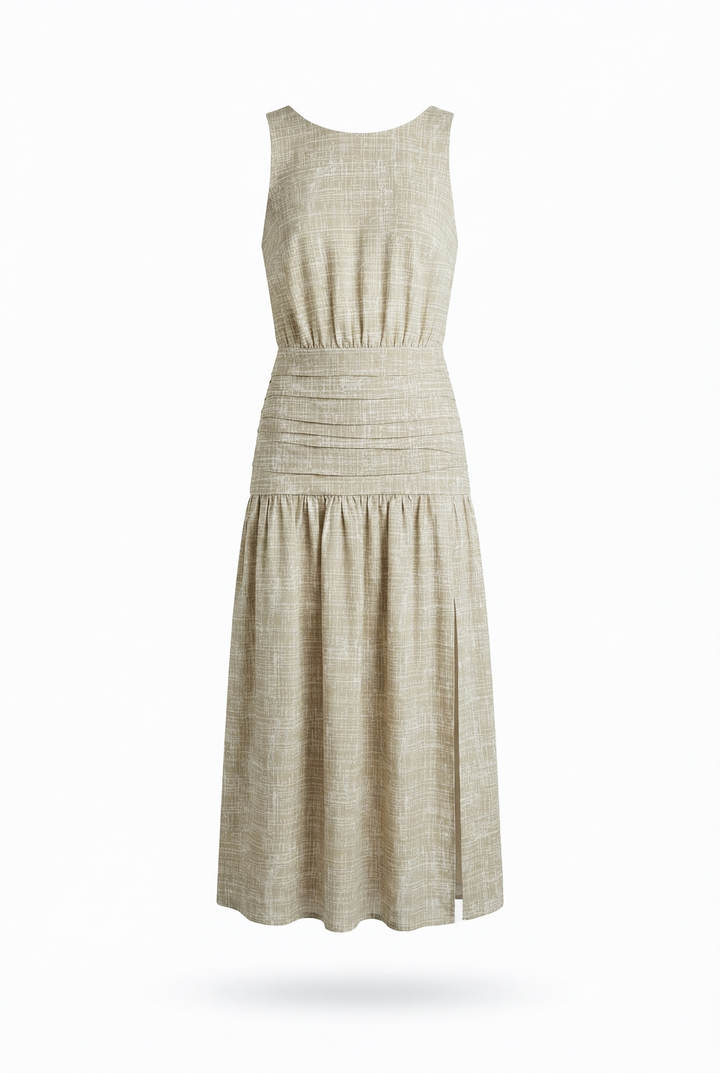 BRUNA - HAKİ ÇAPRAZ ÇİZGİ BASKILI SIRTI AÇIK MİDİ ELBİSE