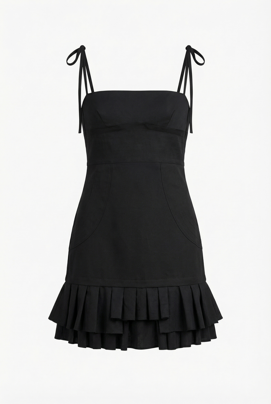 DEMI - SELF-TIE MINI DRESS WITH DRAPED WAIST & RUFFLED HEM - BLACK