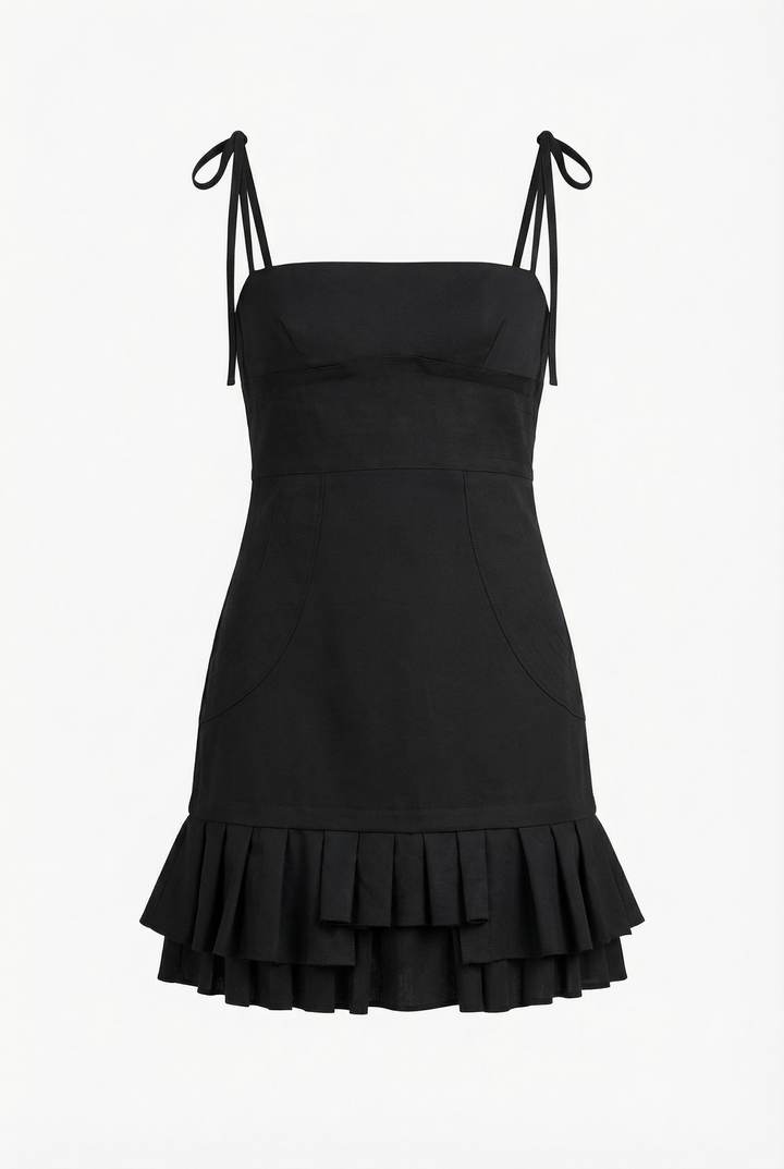 DEMI - SELF-TIE MINI DRESS WITH DRAPED WAIST & RUFFLED HEM - BLACK