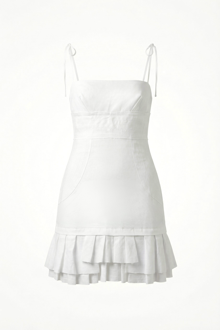 DEMI - BAĞLAMA DETAYLI BEL DRAPELİ FIRFIRLI MİNİ BEYAZ ELBİSE