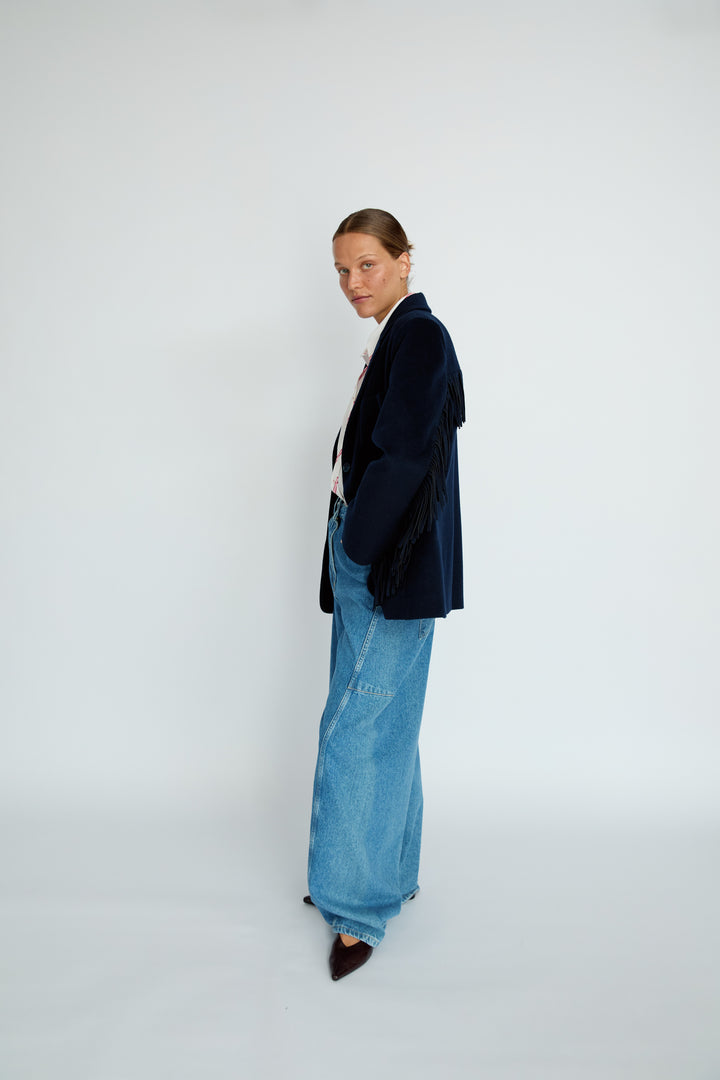 LEIF - FRINGE DETAIL WOOL JACKET - NAVY