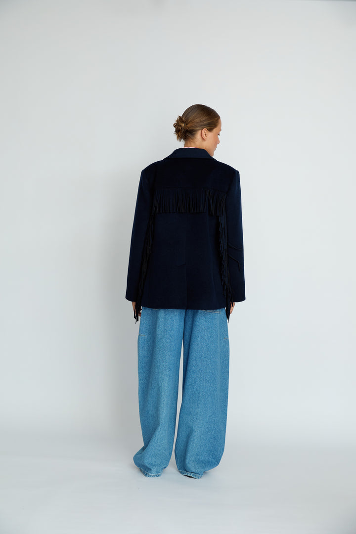 LEIF - FRINGE DETAIL WOOL JACKET - NAVY