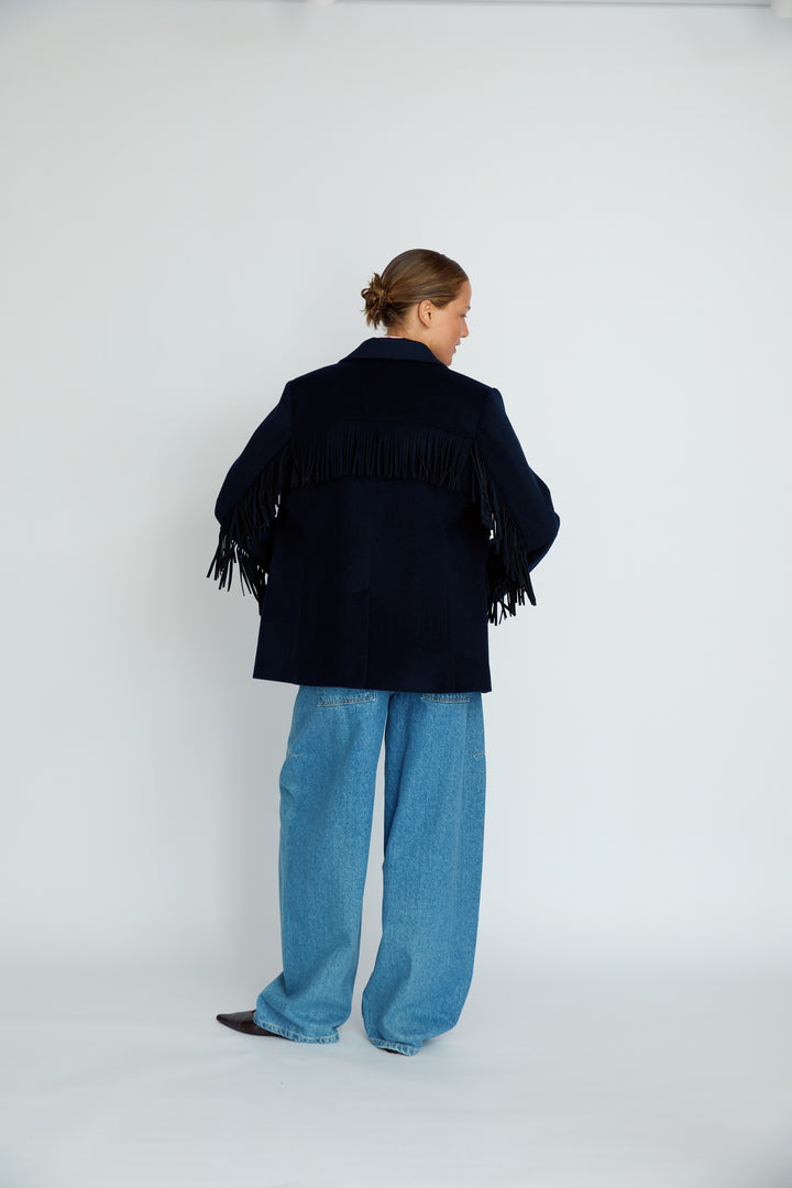 LEIF - FRINGE DETAIL WOOL JACKET - NAVY
