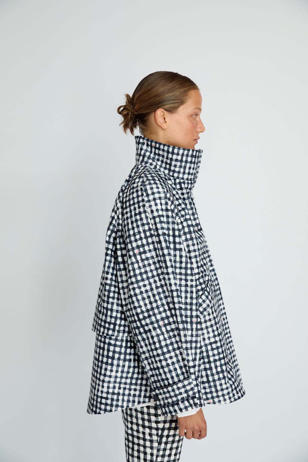 MONICA - OVERSIZED STAND COLLAR RAINCOAT - BLACK PLAID