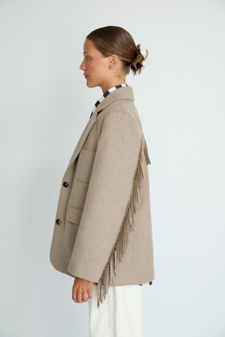 LEIF - FRINGE DETAIL WOOL JACKET - BEIGE