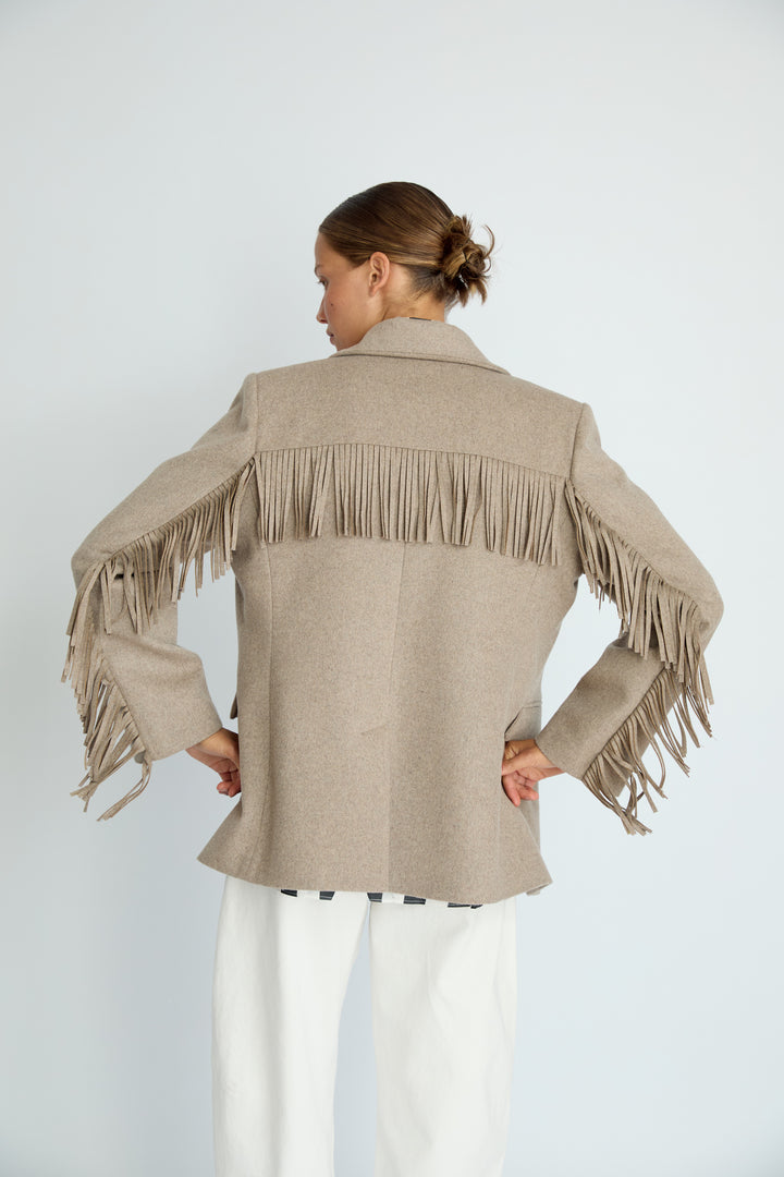 LEIF - FRINGE DETAIL WOOL JACKET - BEIGE