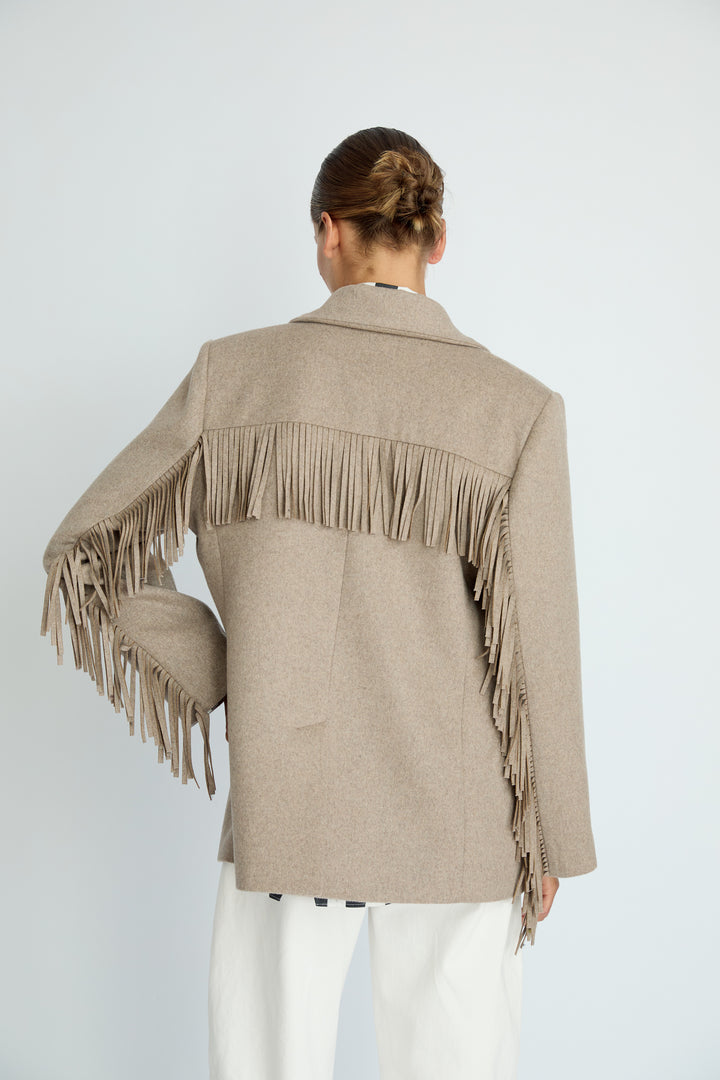 LEIF - FRINGE DETAIL WOOL JACKET - BEIGE
