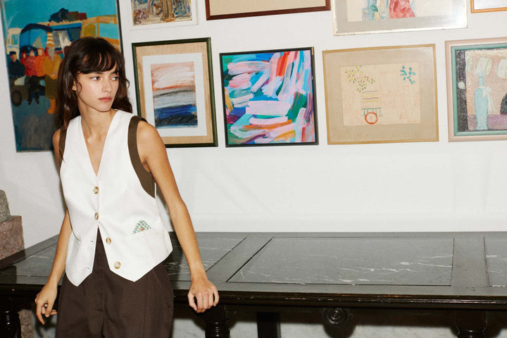 PABLO - TWO DIMENTIONAL VEST WITH GREEN PLAID POCKET SQUARE - ECRU