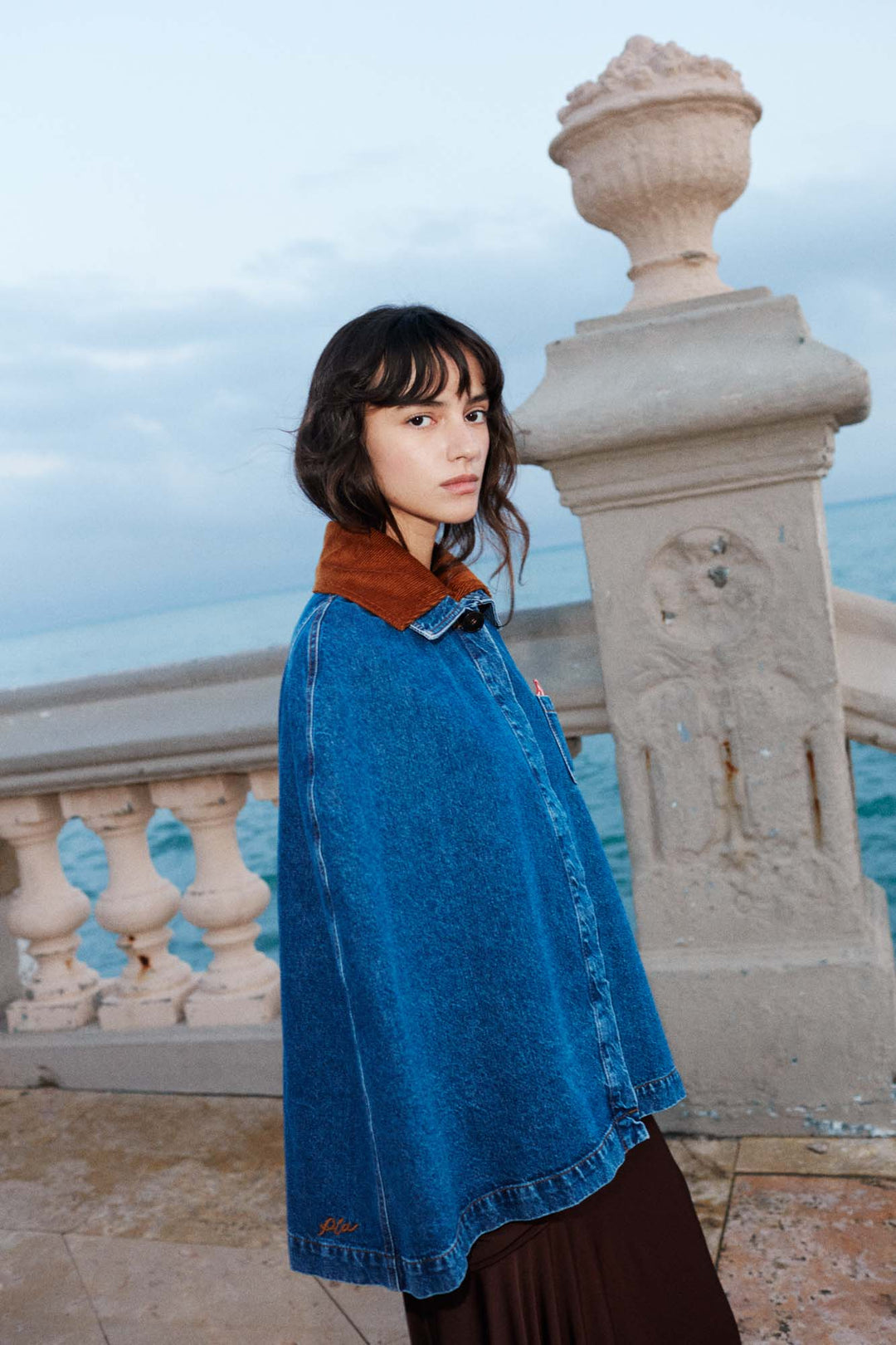 ANDRES - DENIM PONCHO WITH VELVET COLLOR