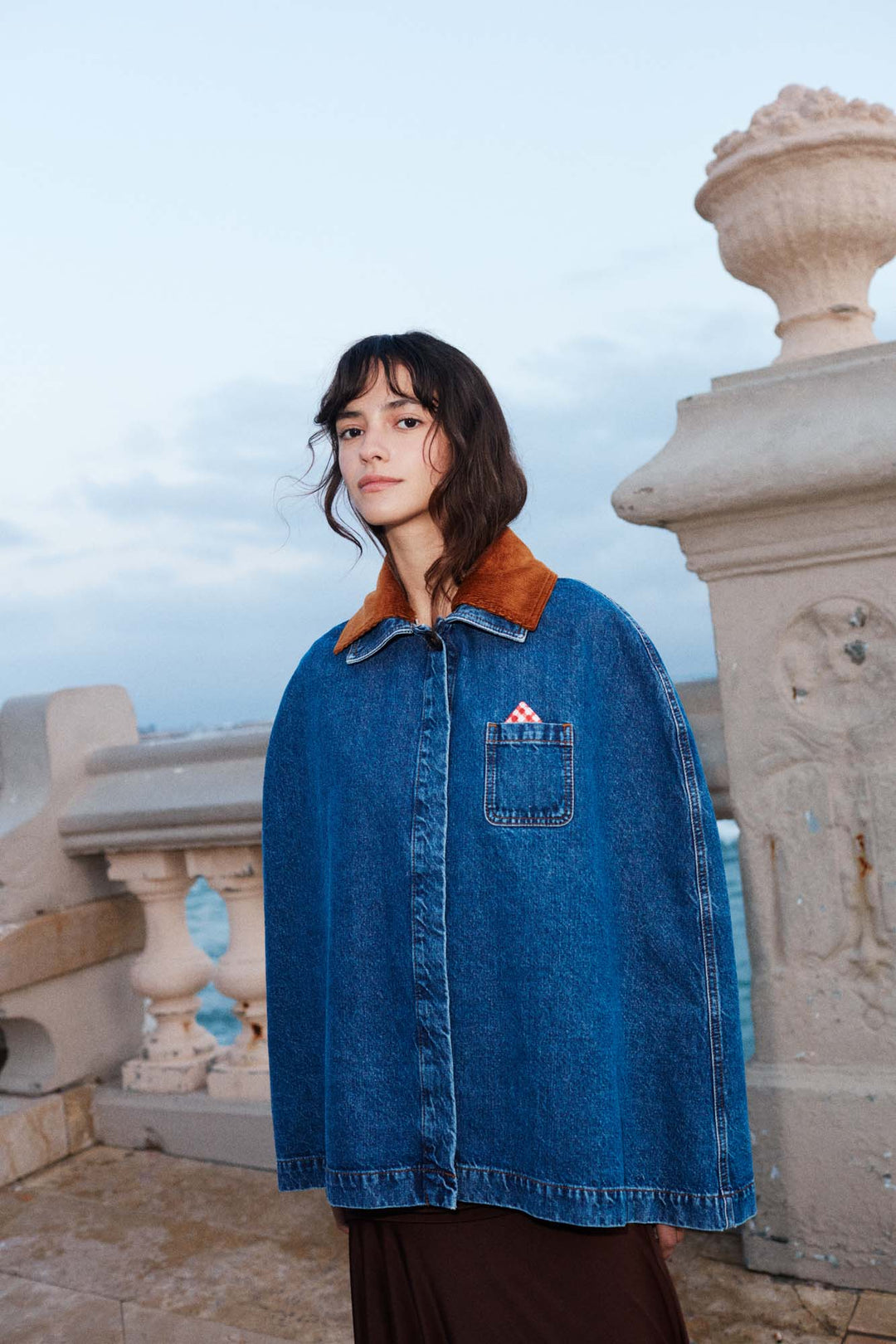ANDRES - DENIM PONCHO WITH VELVET COLLOR