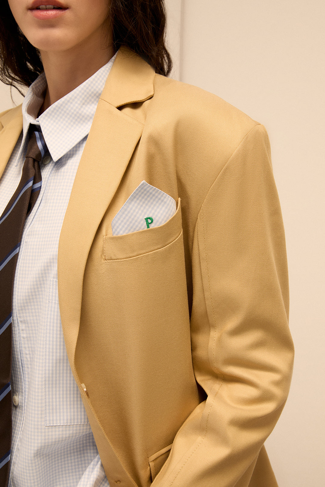 LUIS - OVERSIZE JACKET WITH PINK PLAID POCKET SQUARE - CREAM YELLOW