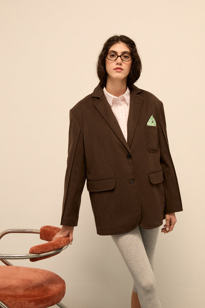 CARLOTA - CHIC JACKET WITH GREEN PLAID POCKET SQUARE - BROWN