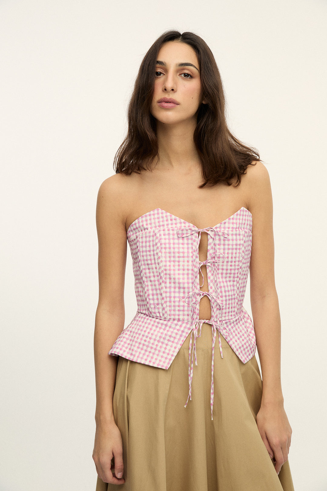 BIANCO TOP - STRAPLESS BUSTIER WITH CRISSCROSS FRONT TIE - PINK PLAID