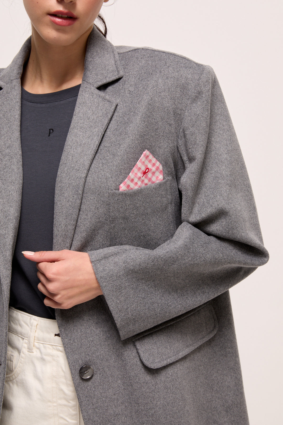 CARLOTA - CHIC JACKET WITH PINK PLAID POCKET SQUARE - GREY MELANGE