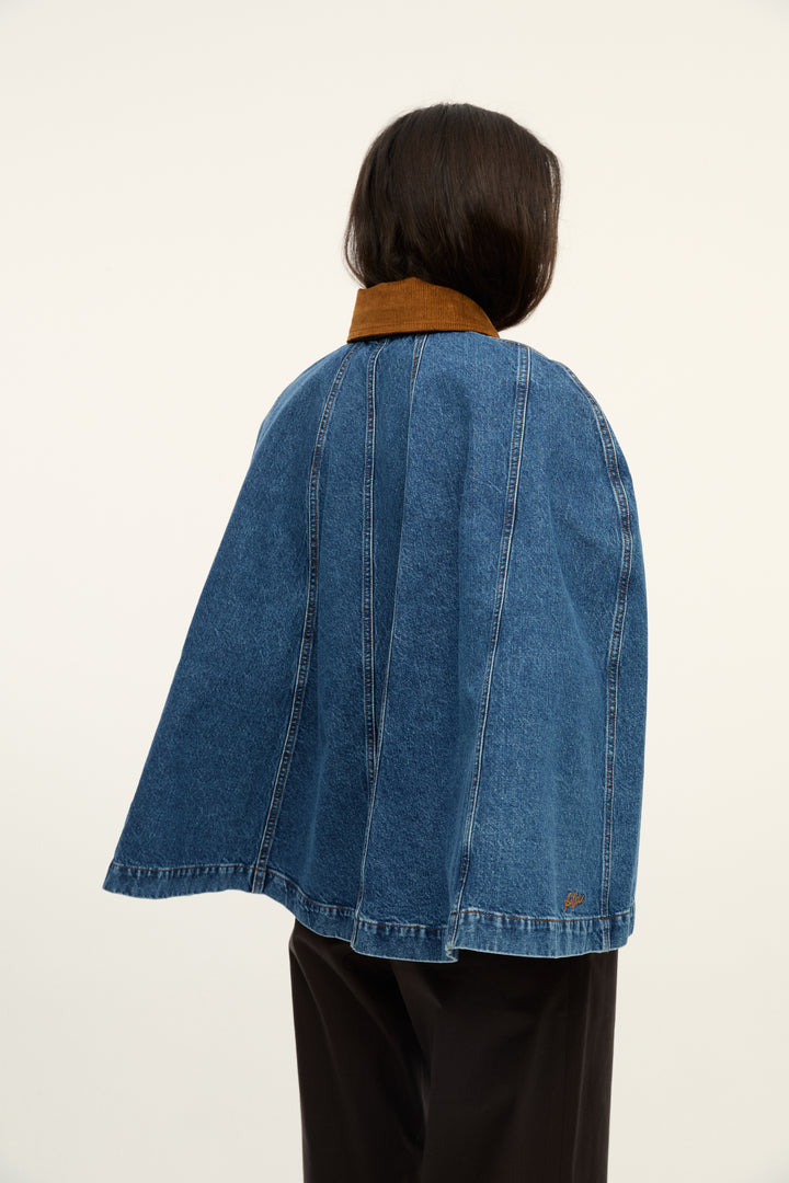 ANDRES - DENIM PONCHO WITH VELVET COLLOR