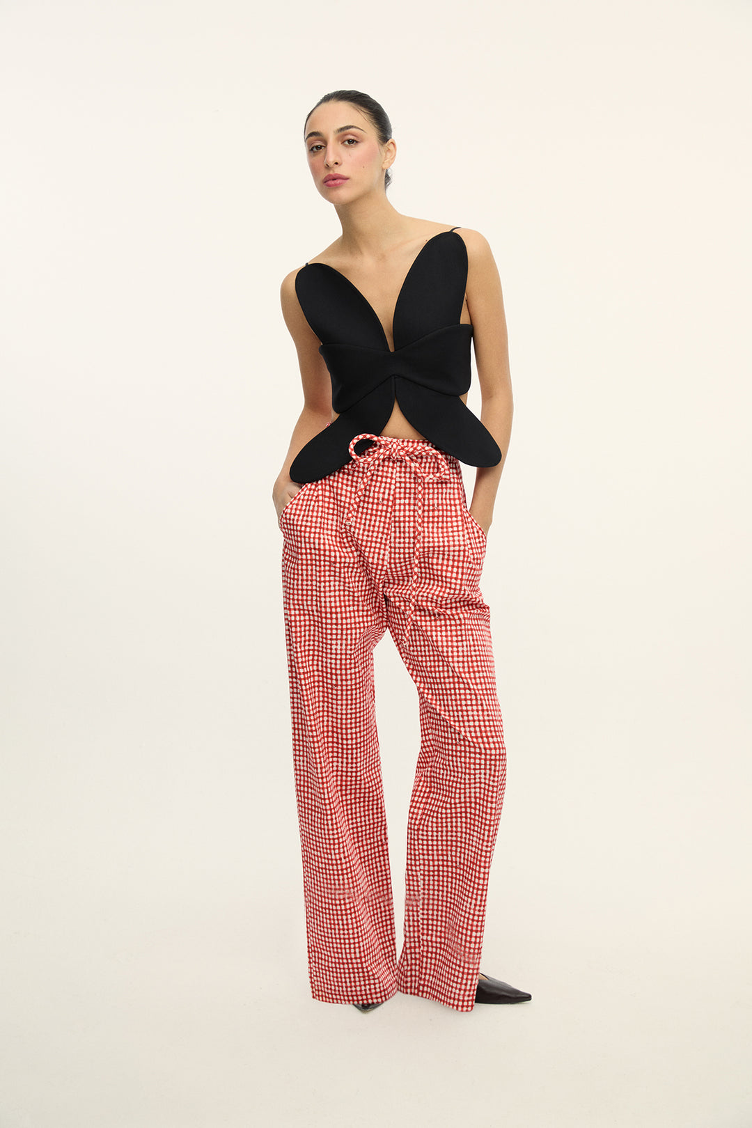 RODRIGO VICHY - HIGH WAISTED PLEATED PANTS WITH ROPE BELT - RED PLAID