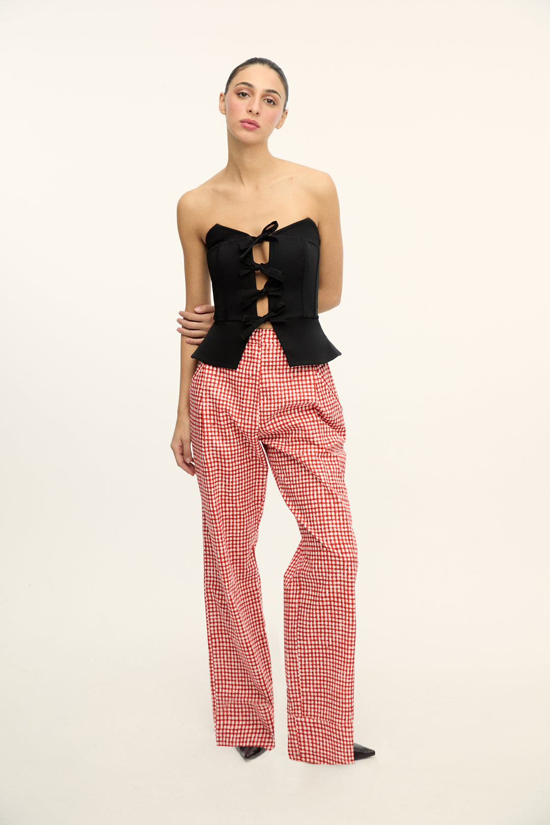 RODRIGO VICHY HIGH WAISTED PLEATED PANTS WITH ROPE BELT RED