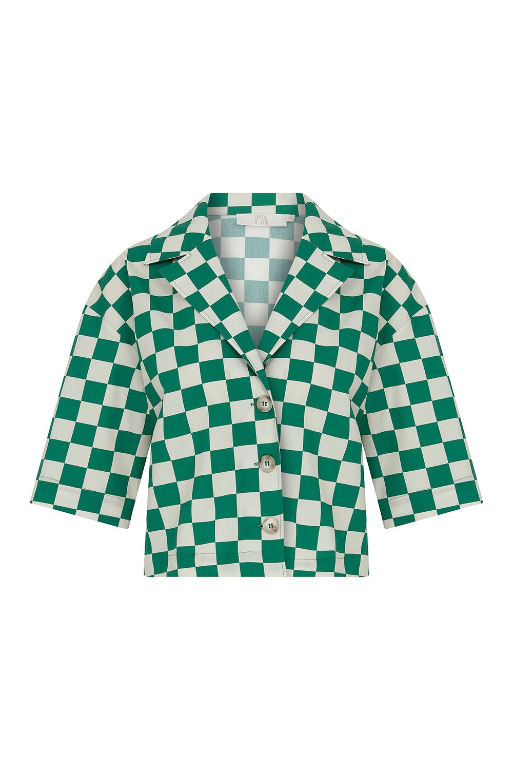 Baila - Cropped Green - Ecru Printed Short Sleeve Shirt