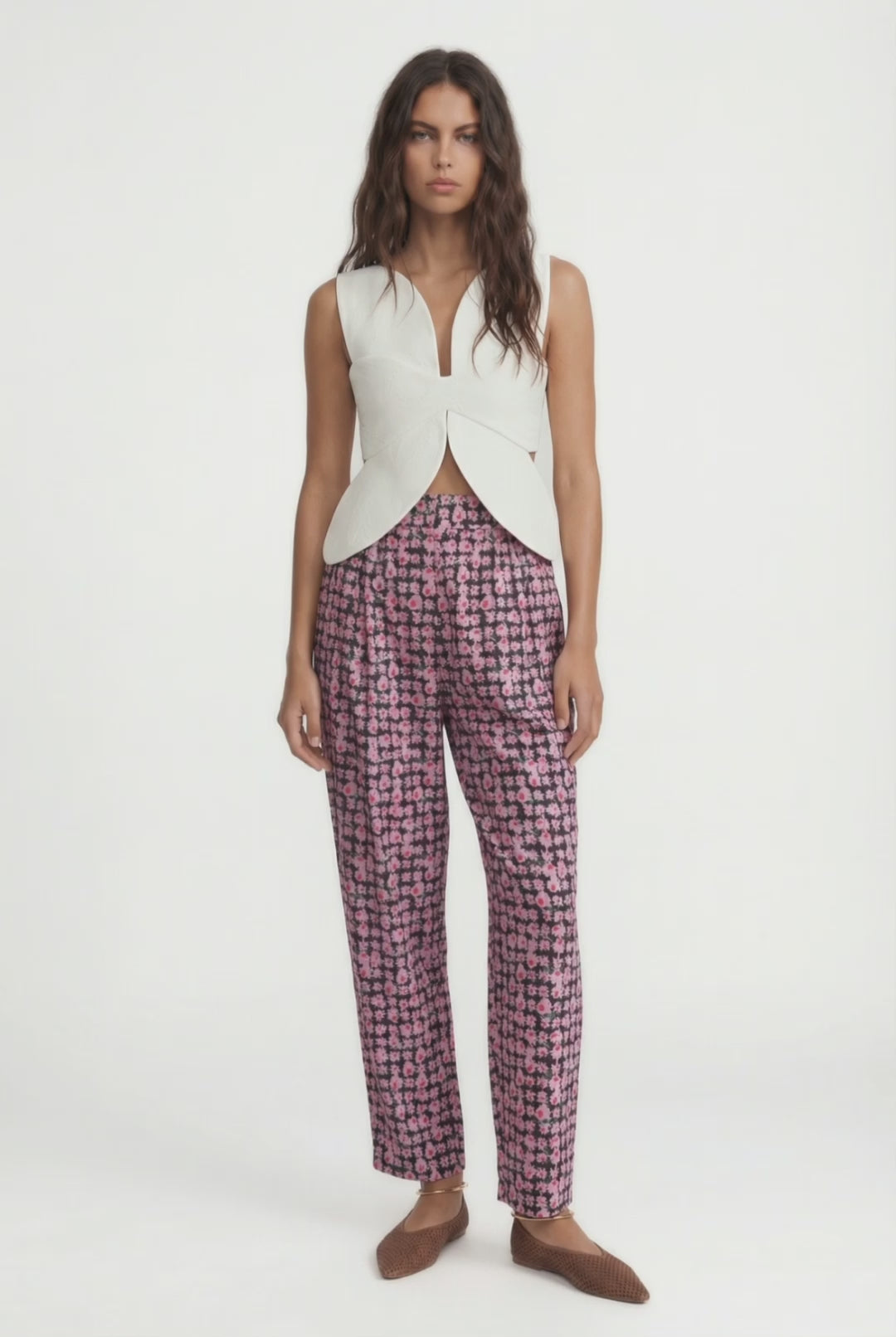 YAZZ - FLORAL PRINTED ANKLE LENGHT PANTS WITH SIDE POCKETS - MODULAR BLOOM PINK