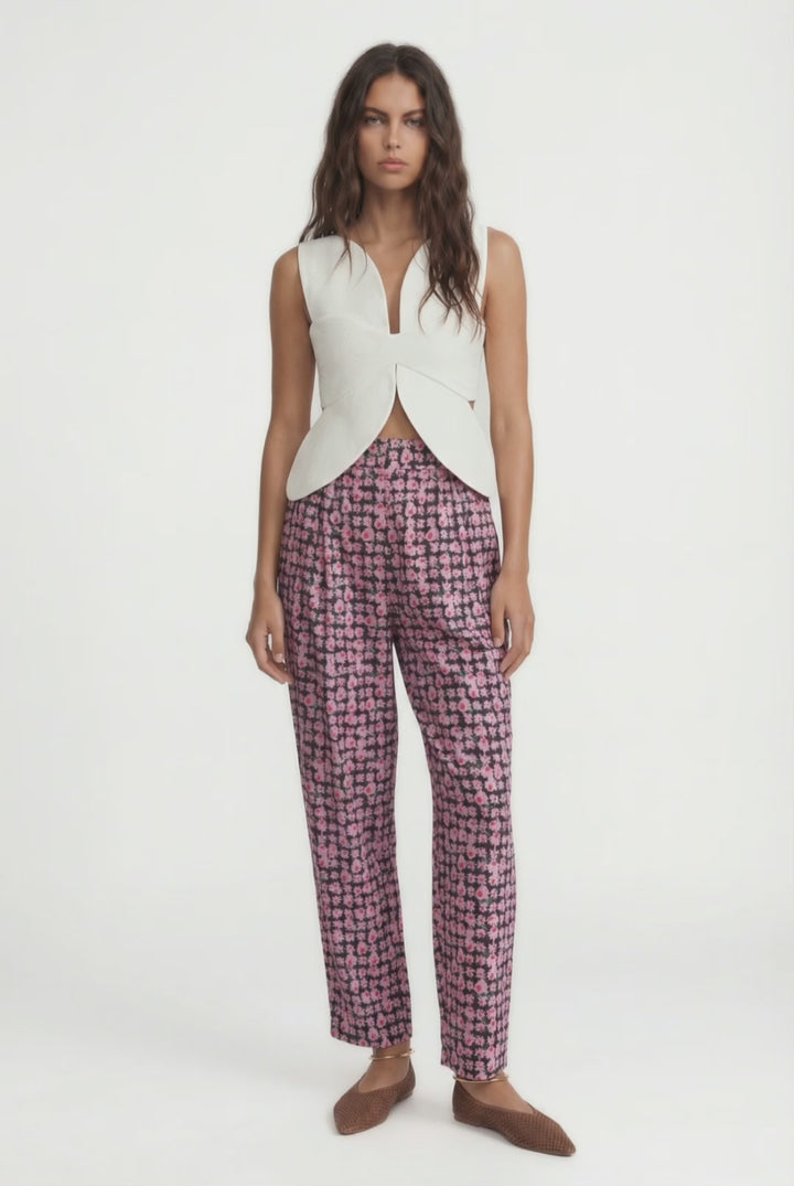 YAZZ - FLORAL PRINTED ANKLE LENGHT PANTS WITH SIDE POCKETS - MODULAR BLOOM PINK