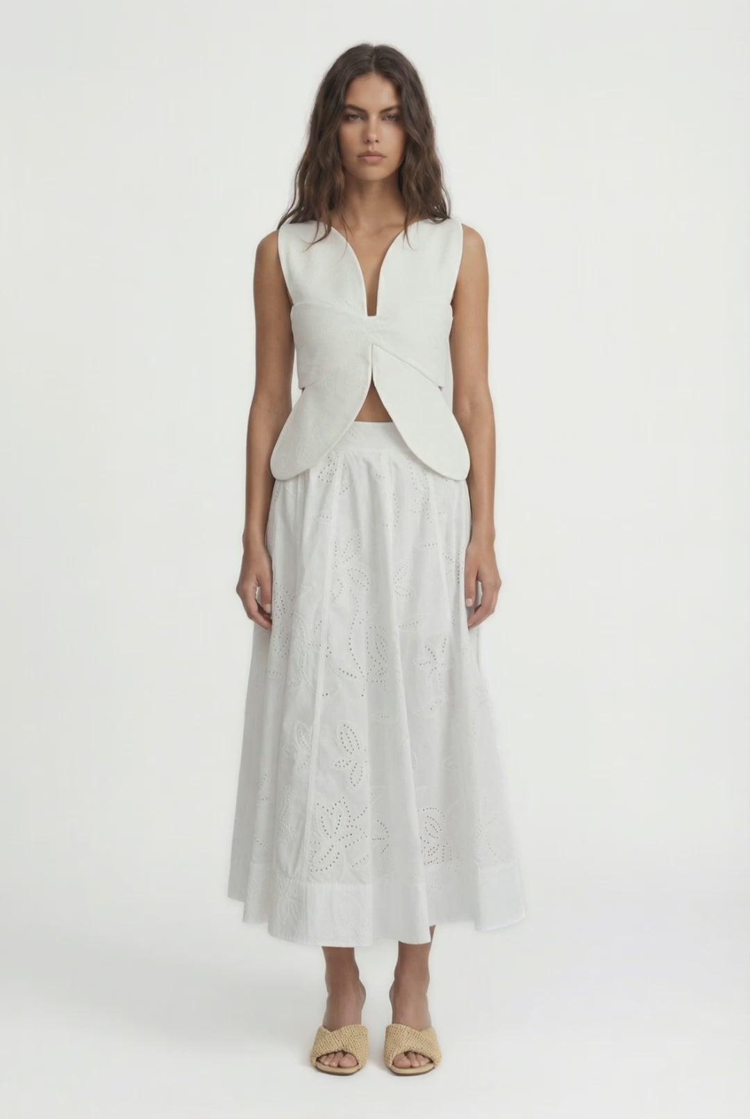 LACY SICILY - A KESİM PİLELİ KIRIK BEYAZ MİDİ ETEK 