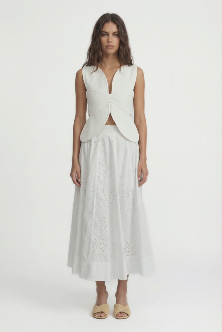LACY SICILY - A KESİM PİLELİ KIRIK BEYAZ MİDİ ETEK 