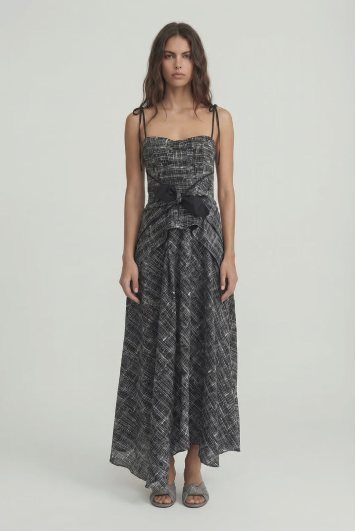 LEYA - ASYMMETRIC CUT FRONT TIED LONG DRESS - CROSSED LINES BLACK