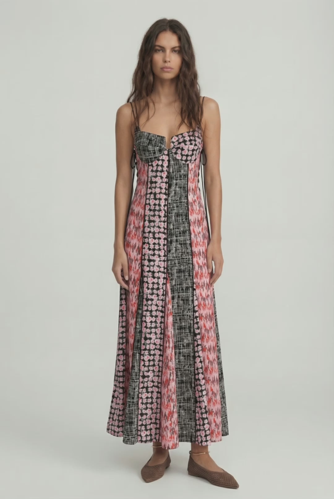 AUDREY - ASKI DETAYLI A FORM PATCHWORK RENKLİ ELBİSE