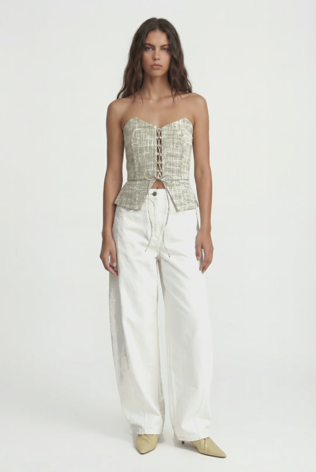 BIANCO - HAKİ ÇAPRAZ ÇİZGİ BASKILI ÇAPRAZ BAĞLAMALI STRAPLEZ BÜSTİYER