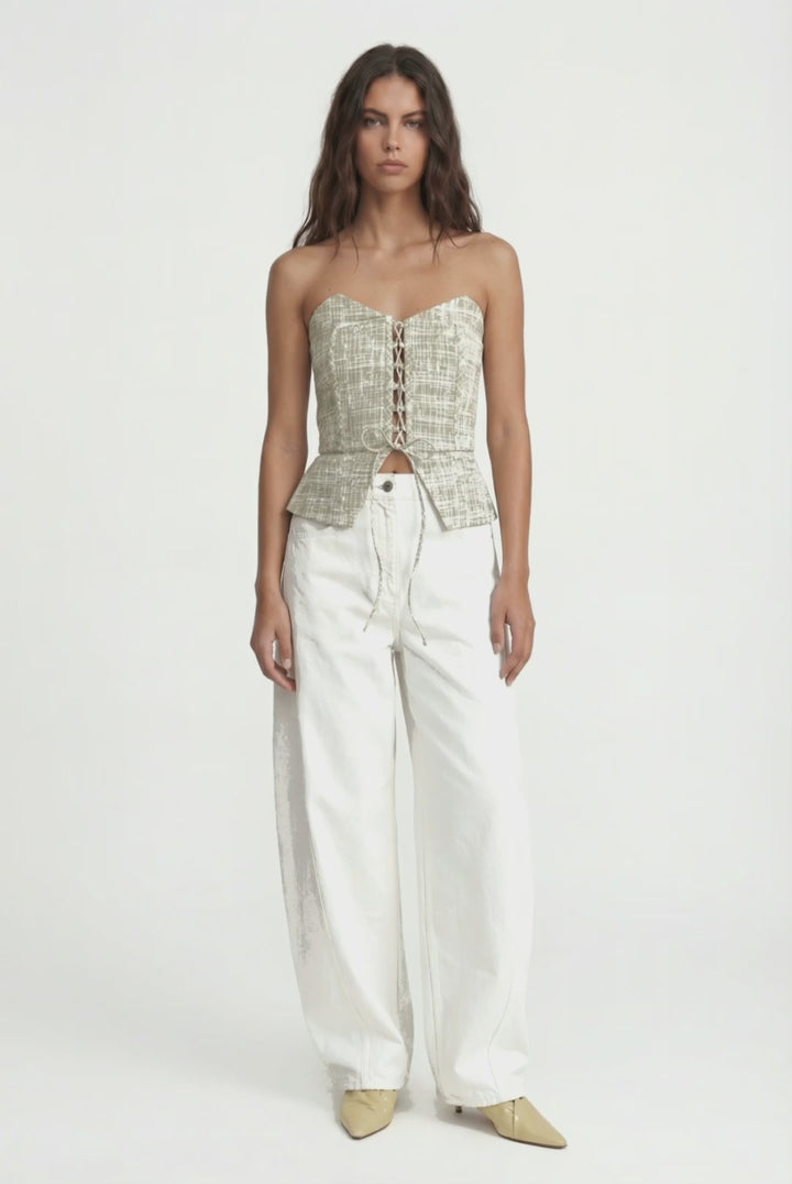 BIANCO - HAKİ ÇAPRAZ ÇİZGİ BASKILI ÇAPRAZ BAĞLAMALI STRAPLEZ BÜSTİYER