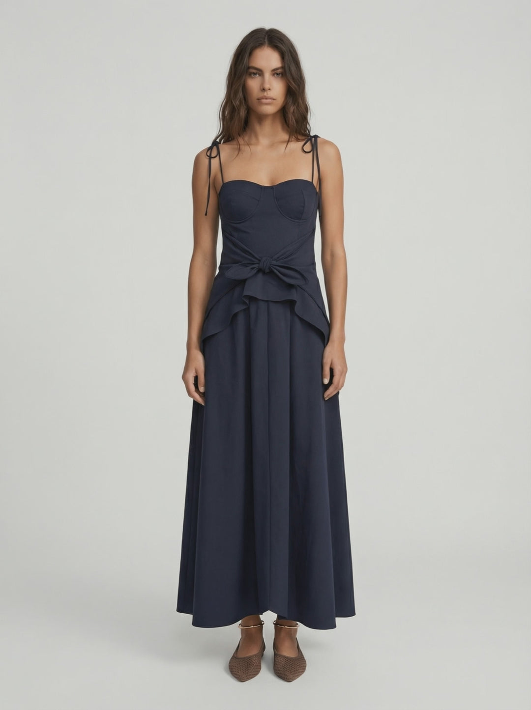 LEYA - BAĞLAMA DETAYLI ASİMETRİK UZUN LACİVERT ELBİSE