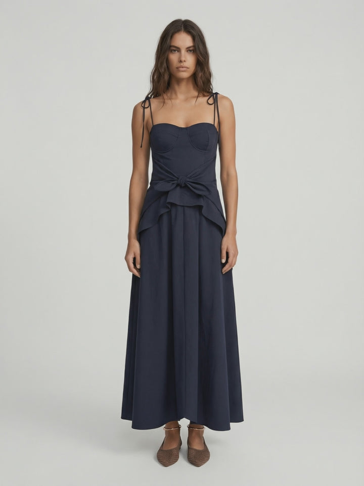 LEYA - BAĞLAMA DETAYLI ASİMETRİK UZUN LACİVERT ELBİSE