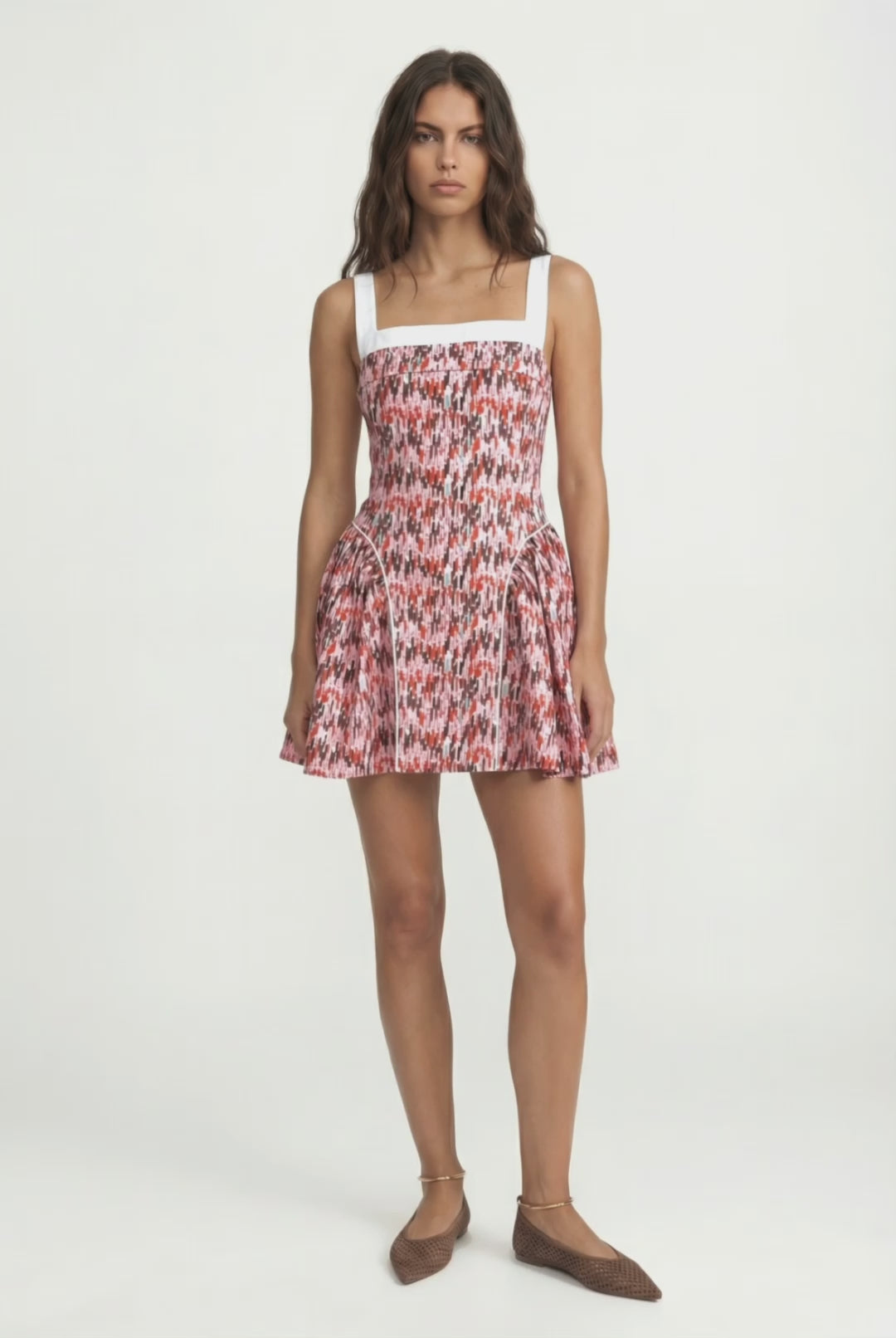 LINA - PEMBE KIRMIZI GEOMETRİK BASKILI ELBİSE